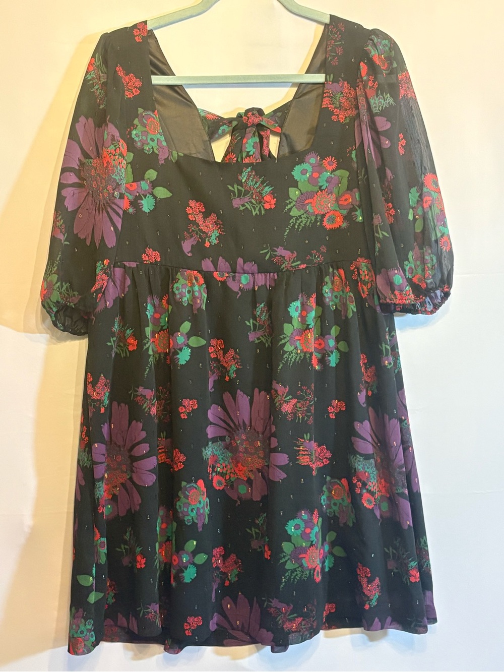 Hidden Cats Floral Modcloth Babydoll Dress Puff Sleeve Square Neckline